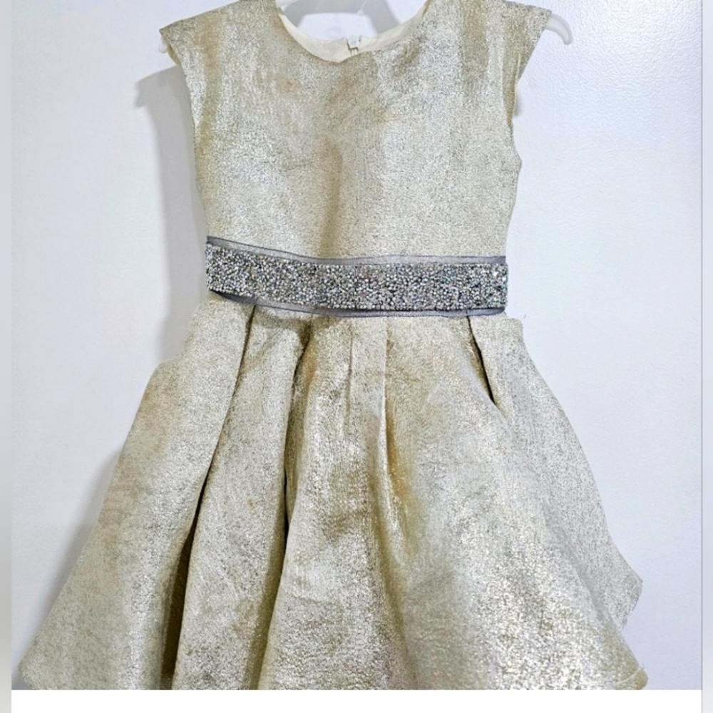 Halabaloo Gold and White Jacquard Dress with Rhinestone Belt, Size 5
